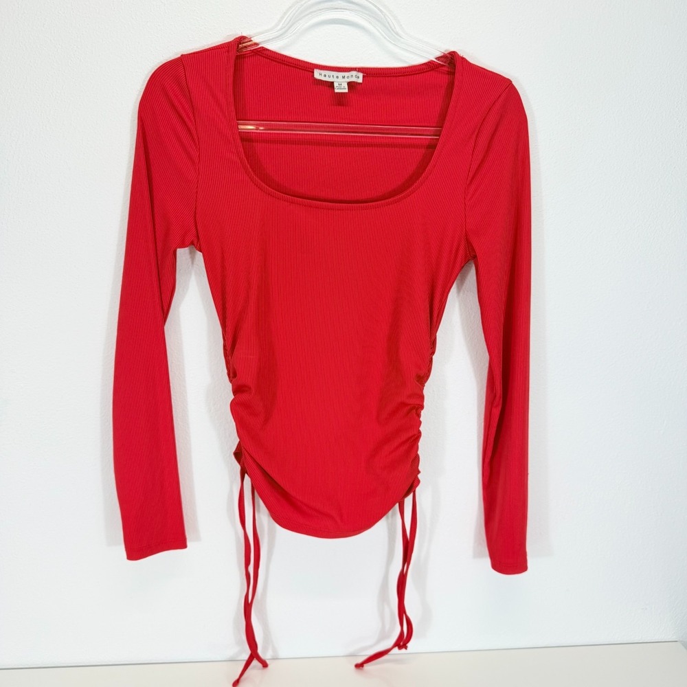 Haute Monde Ribbed Ruched Long Sleeve Scoop Neck Stretch Red Top M